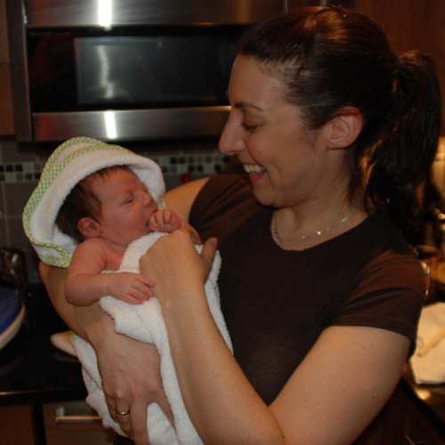 Mommy gets her ready for the cleaning!