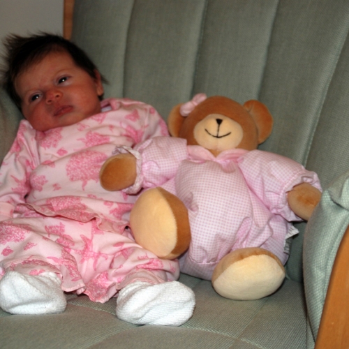 Sara and her pink bear make a good pair