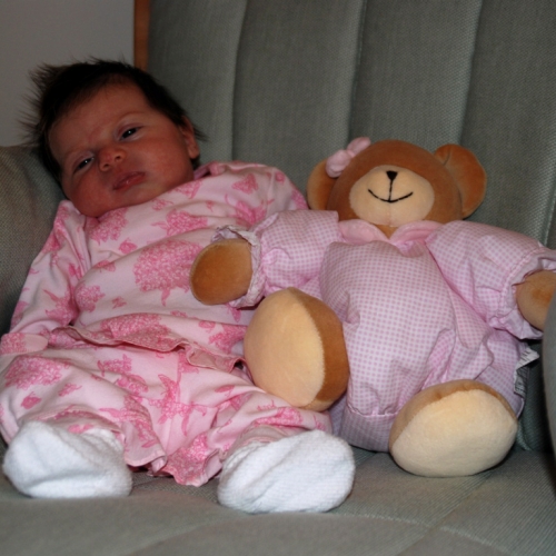 Sara and her pink bear make a good pair