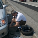 Even with the traffic, Daddy got the tire changed in a jiffy