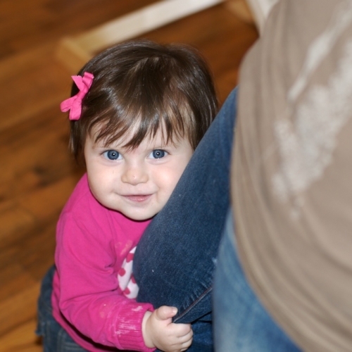 Sara clinging to her mommy