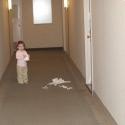 Peanut finds some tissue and scampers into the hallway!